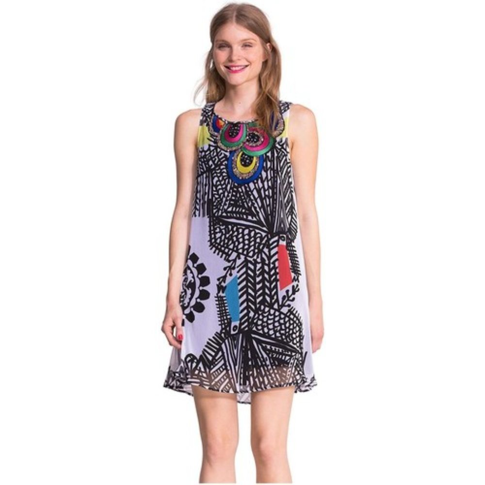 Desigual Black and White Patterned Dress with Multicolor Accents